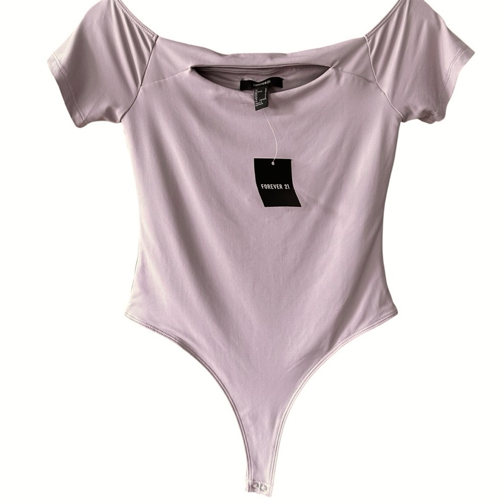 NWT Forever 21 Off Shoulder Short Sleeve Bodysuit Double Lined Thong Mauve - L